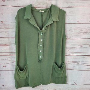 POL  Sleeveless Button Front Popover Top Shirt Blouse Collared Large